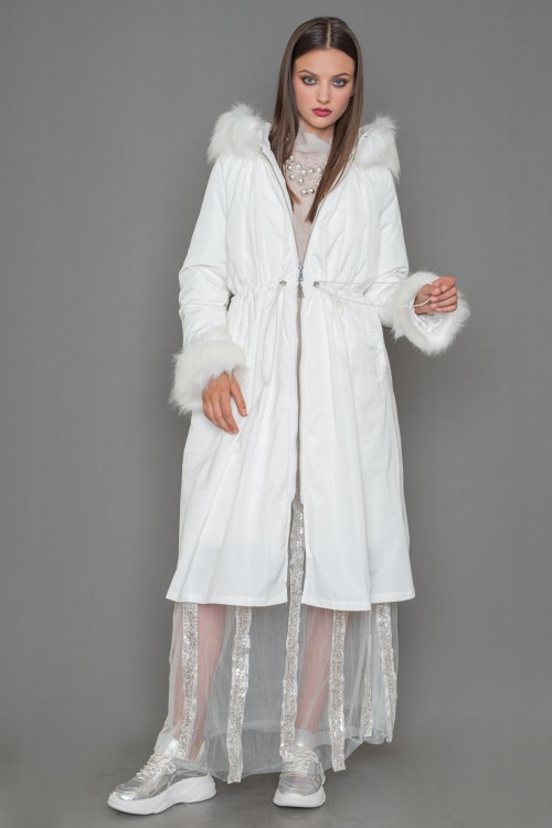 Long jacket detachable fur eco fur on the hood and sleeves, women's