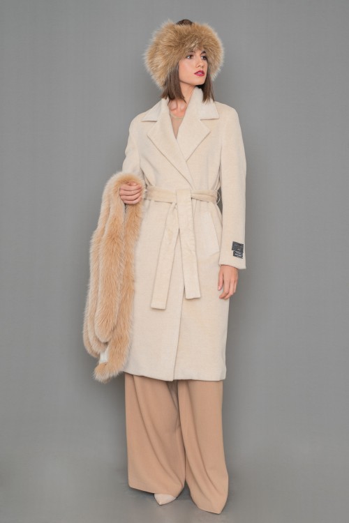 Παλτό αλπακά σταυρωτό με πέτο γιακά και ζώνη στη μέση, γυναικείο