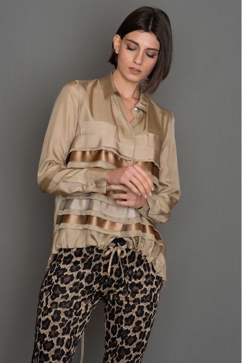 Silk shirt with horizontal pleats and long sleeves, women's