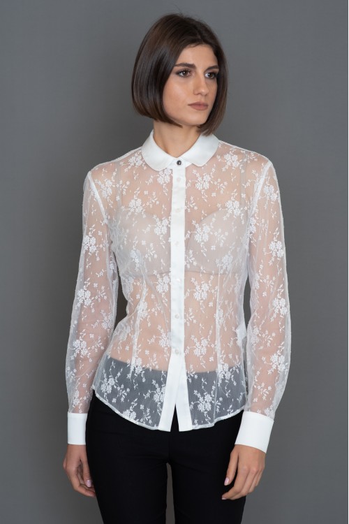 Lace shirt with satin collar, cuff and placket, women's