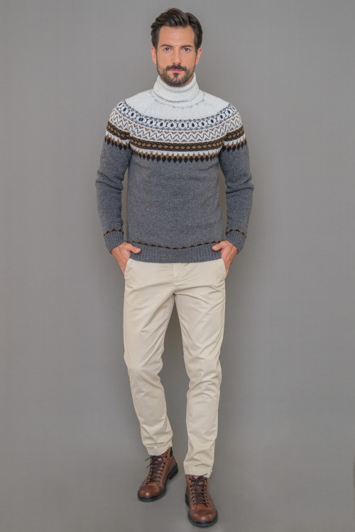 Turtleneck knitted jacquard blouse, men's