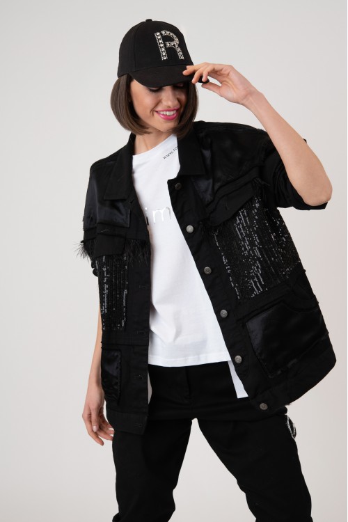 Oversized jean jacket with sequins and marabou feathers, women's
