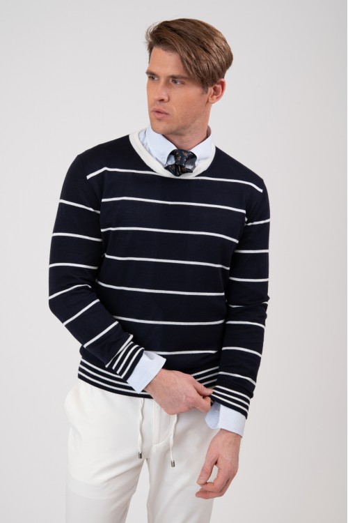 Long-sleeved, striped knitted blouse, men's