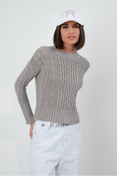 Cable knitted, cropped, lurex blouse, women's