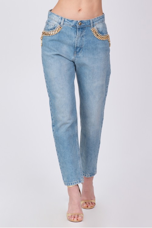 Jeans with chain and rhinestones, women's