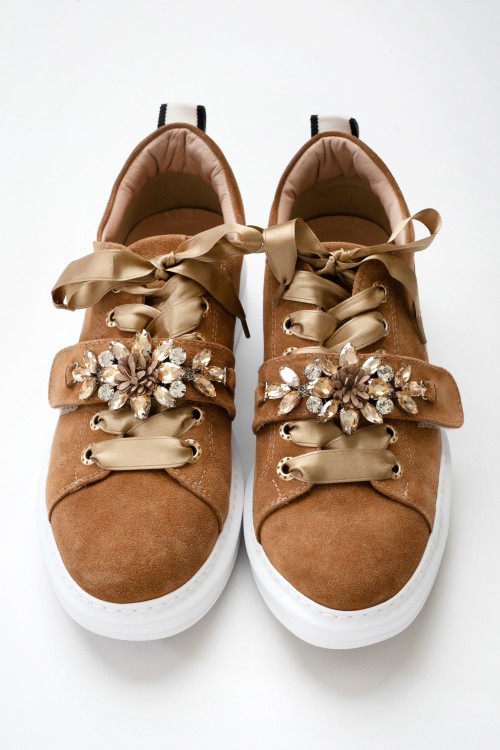 Suede sneakers with satin laces and rhinestones on the buckle, women's