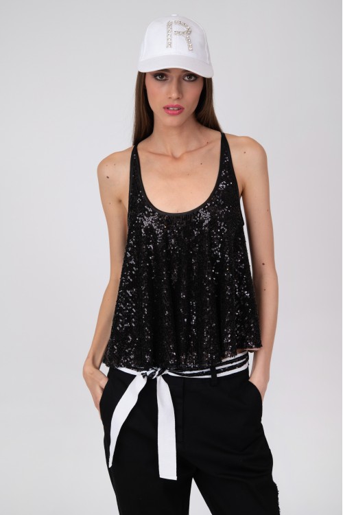 Sequined top with straps and athletic back, women's