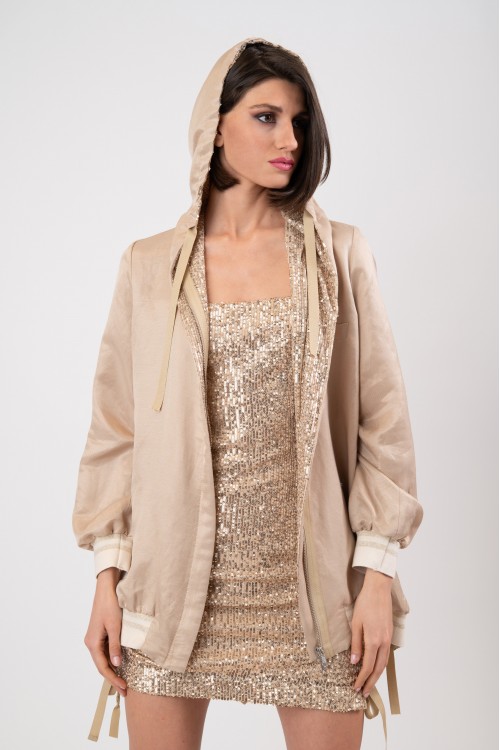 Asymmetrical long jacket with sequins on the hood, women's