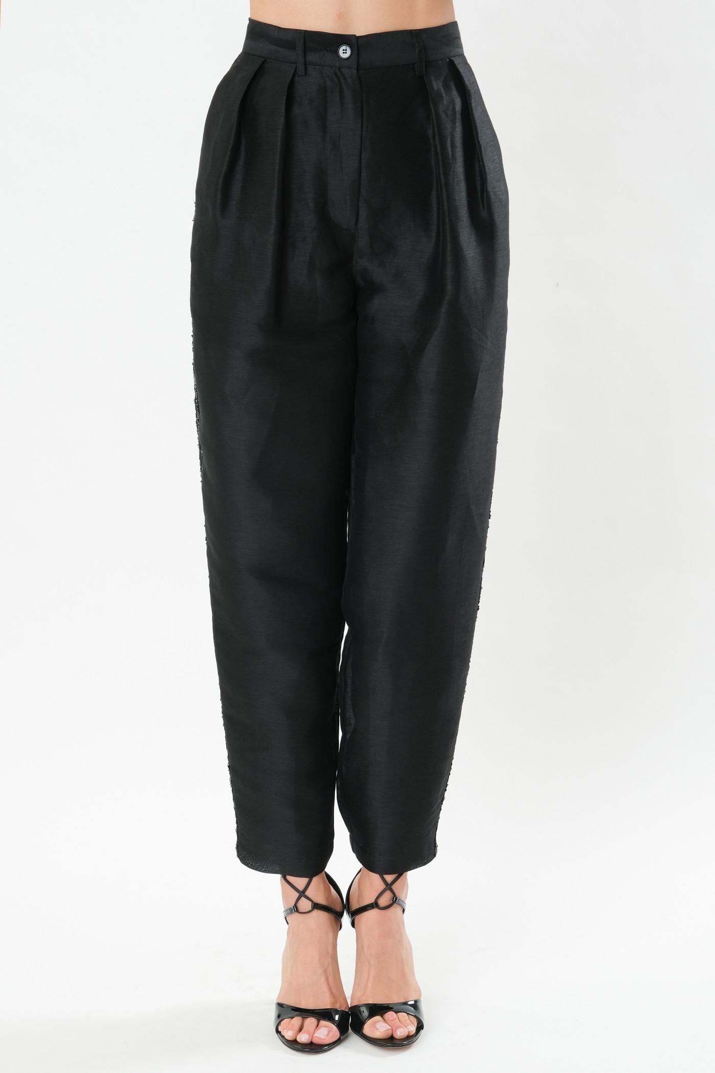 Linen trousers with pleats and sequins on the side, women's