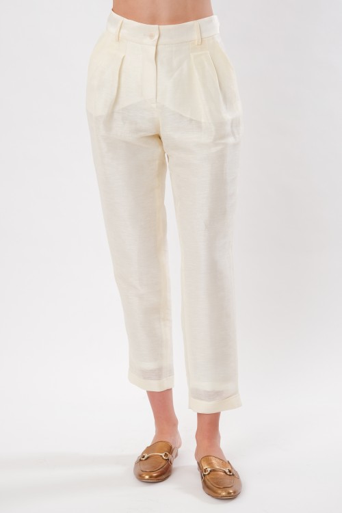 Linen pants with pleats and oblique pockets, women's