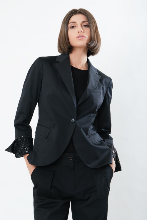 Jacket with lapel collar and sequins on the sleeve, women's
