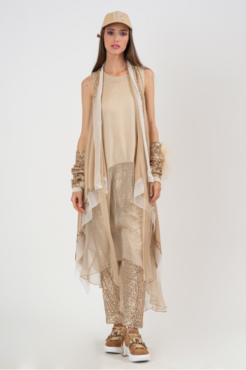 Sleeveless tunic, asymmetrical with sequins