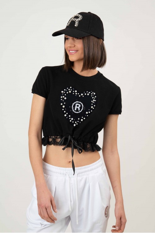 Short-sleeved sweatshirt with embroidery heart and pearls, women's