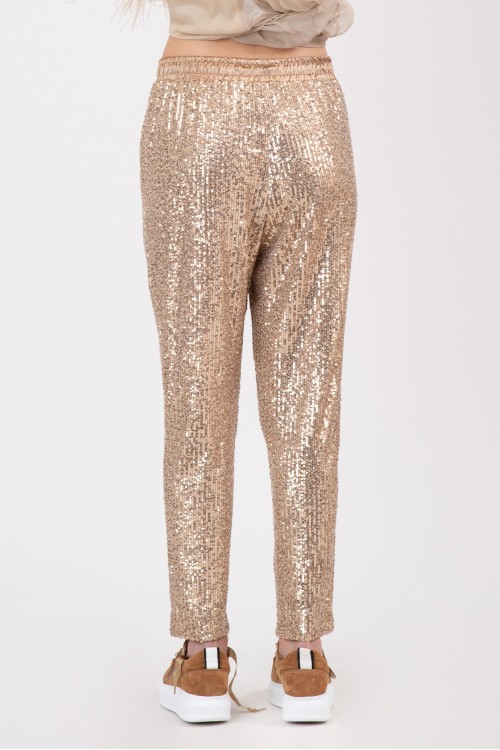 Sequined pants with pleats and satin belt, women's
