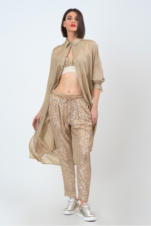 Sequined pants with pleats and satin belt, women's