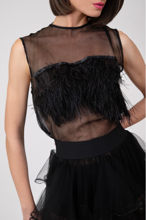 Crepon sleeveless blouse with marabou feathers, women's