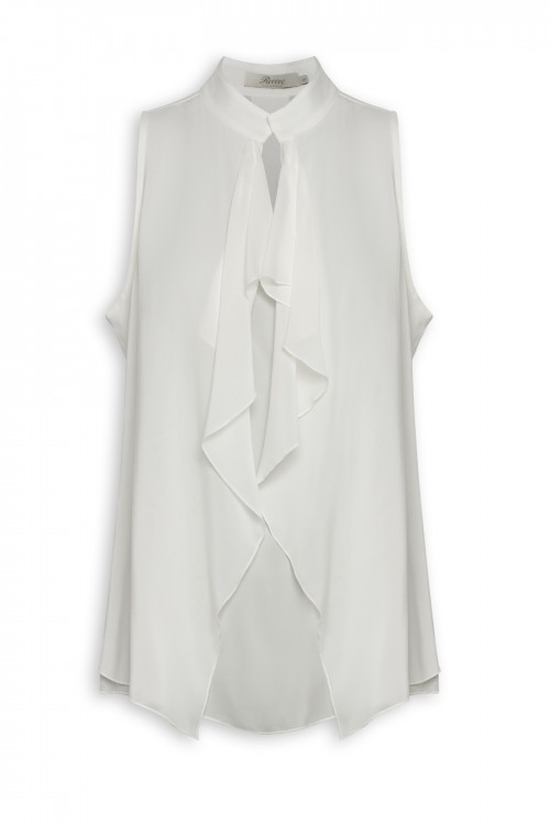 Sleeveless blouse with ruffles and mao collar