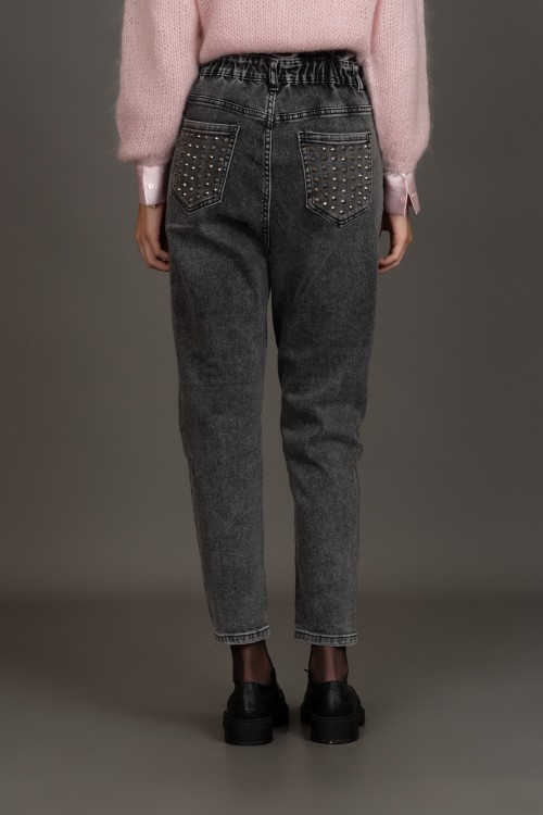 Παντελόνι jean ψηλόμεσο με λάστιχο στη μέση και τρουκ, γυναικείο