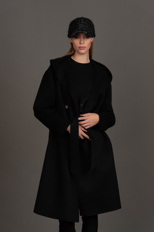 Παλτό μάλλινο, σταυρωτό με ζώνη και κουκούλα, γυναικείο