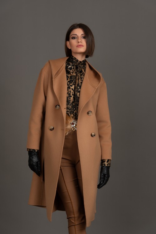 Παλτό μάλλινο, σταυρωτό με ζώνη και κουκούλα, γυναικείο