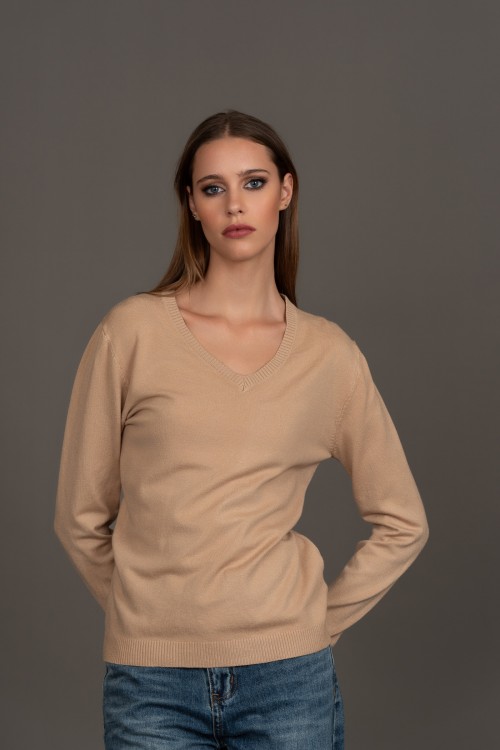 V-neck, long-sleeved knitted blouse, women's