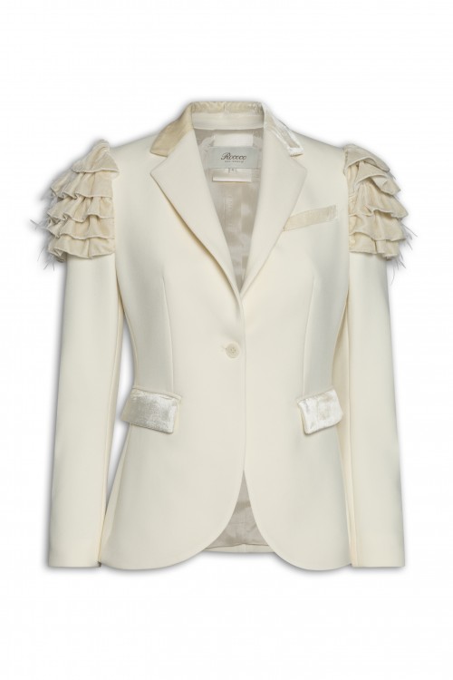 Blazer with velvet ruffles and marabou feathers