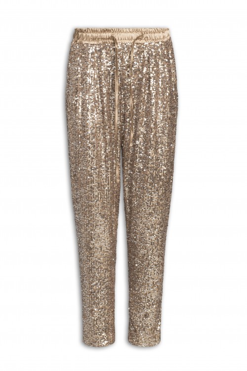 Sequined pants with satin belt and drawstring
