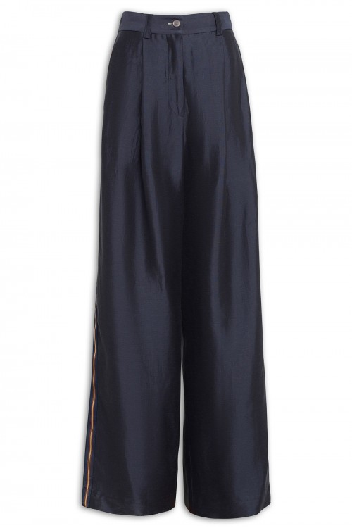 High-waisted, wide leg pants with pleats and side bands, women's