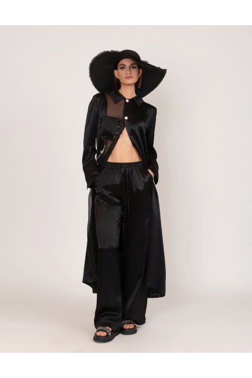 Satin and organza long shirt with chain, women's