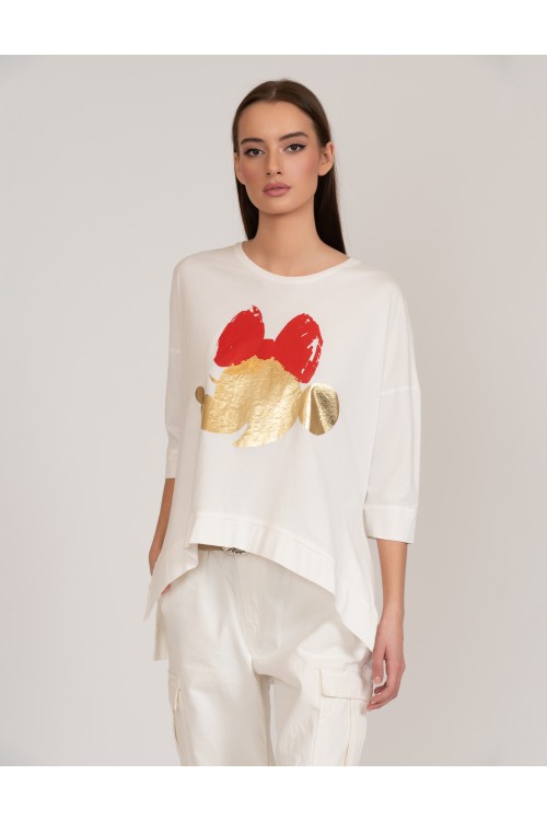 100% organic cotton asymmetrical, oversized blouse with bow print, women's