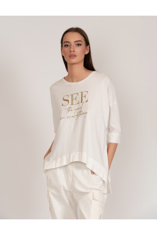 100% organic cotton asymmetrical, oversized blouse with rhinestones, women's