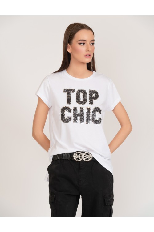 Μπλούζα από 100% οργανικό βαμβάκι με παγιέτες top chic, γυναικεία
