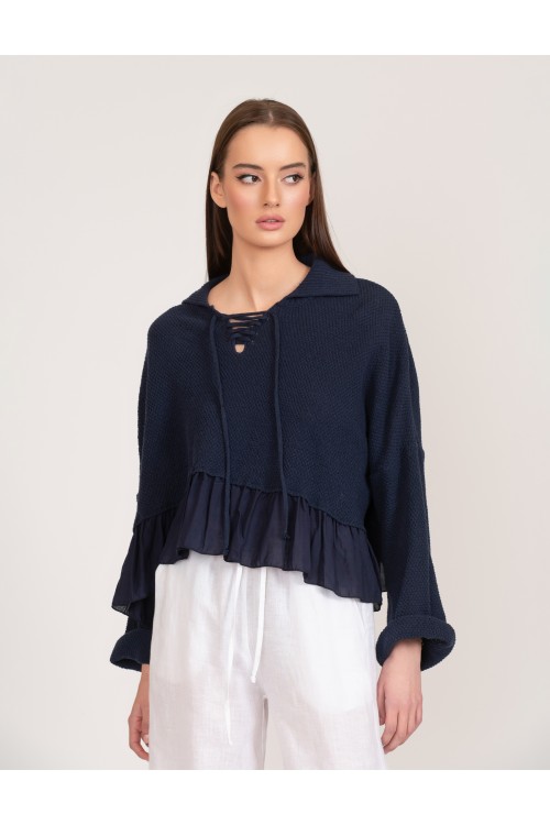 Oversized knitted blouse with ruffles at the bottom, women's
