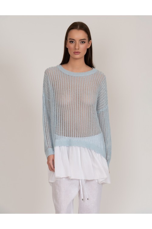 Oversized knitted lurex blouse with ruffles at the bottom, women's