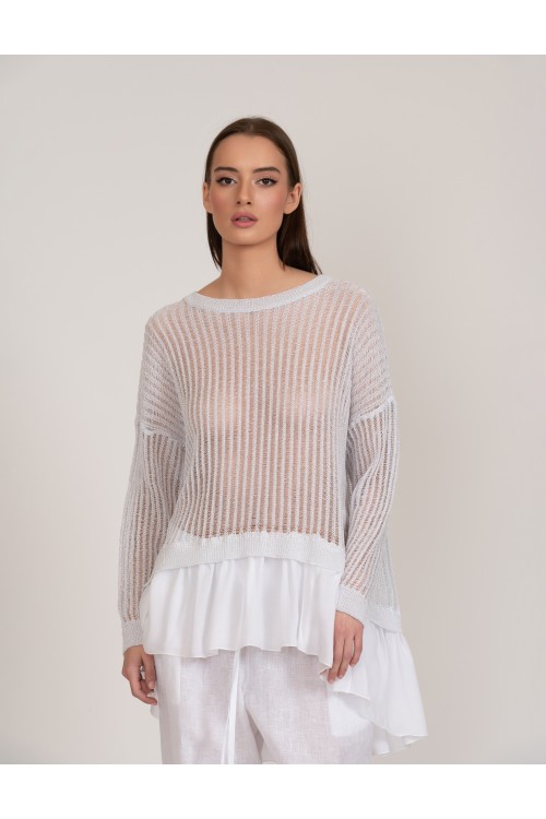 Oversized knitted lurex blouse with ruffles at the bottom, women's