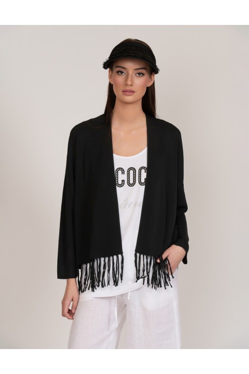 Fringed buttonless knit cardigan, women's