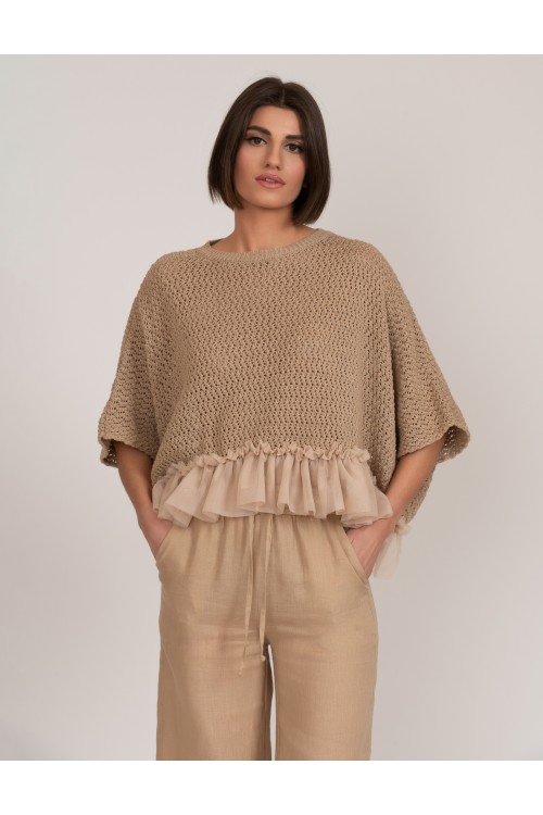 Oversized fetucia knitted blouse with tulle ruffles, women's