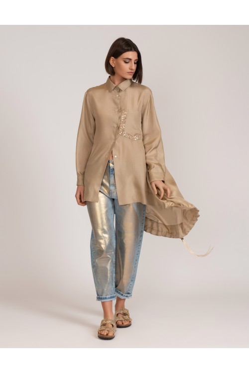Asymmetrical silk shirt with double pocket with sequins