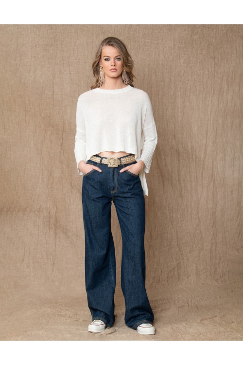Asymmetrical knitted sweater with long sleeves and ribbed hem, women's