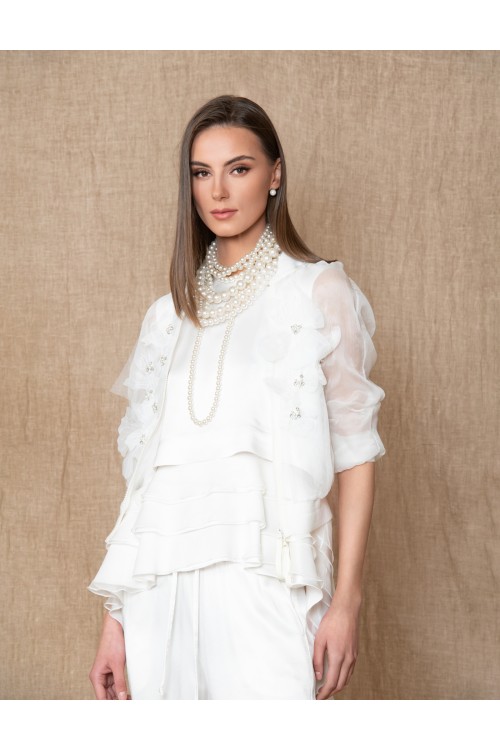 Bomber from silk crêpon with appliqué floral motifs, women's